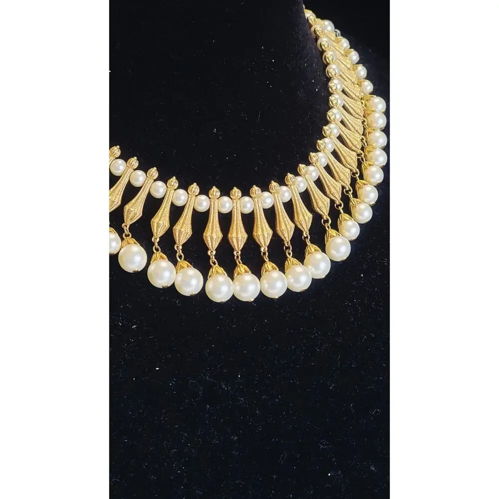 Crown Trifari Alfred Phillippe Necklace Goldtone Pearls Egyptian Revival Parure